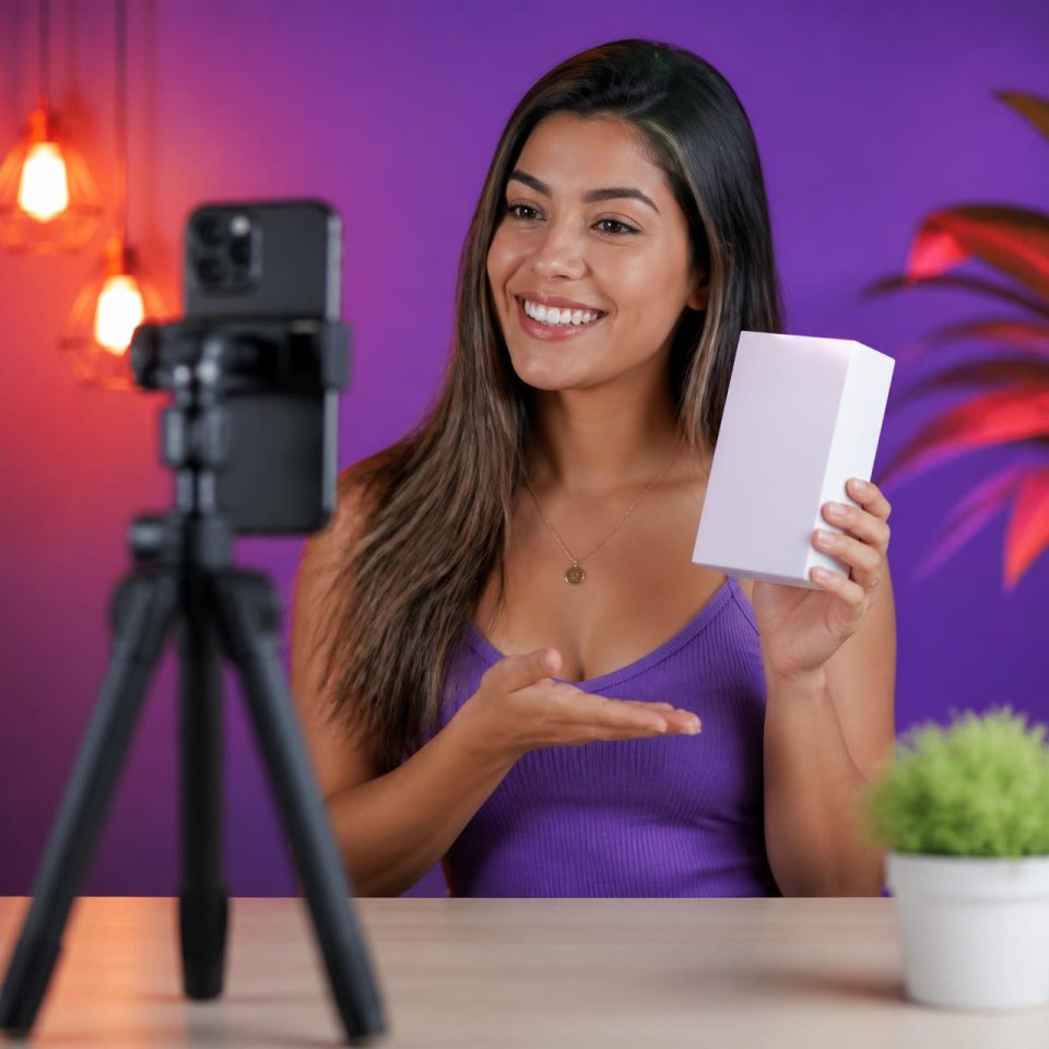 Influenciadora gravando um vídeo apresentando um produto recebido em permuta